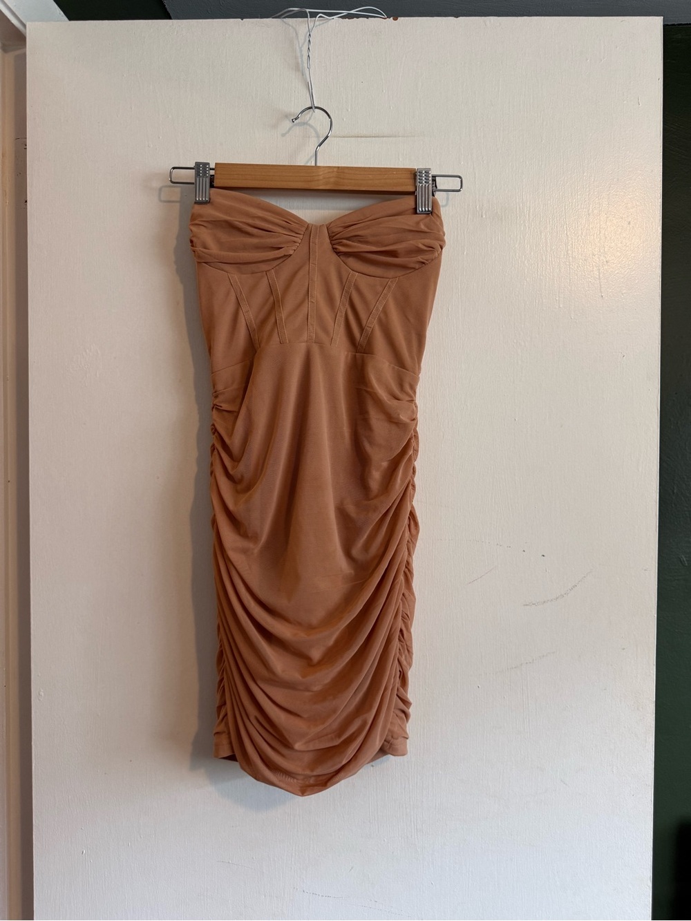 Princess Polly tan brown mesh Atticus Strapless Mini Dress size 4